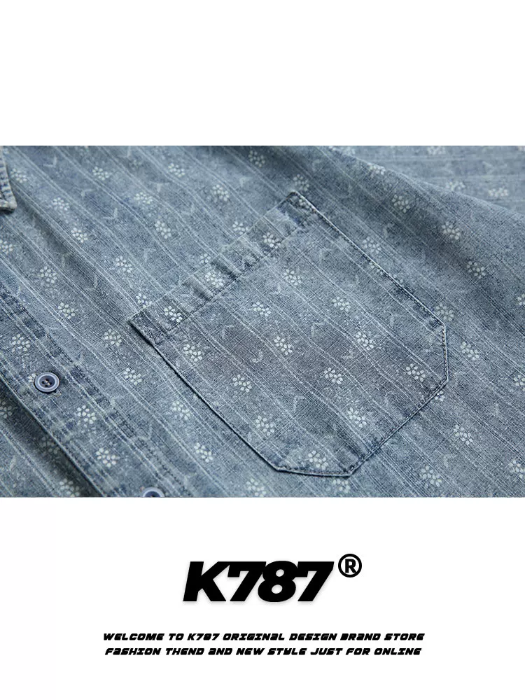 K787 Áo sơ mi ngắn tay jacquard sọc theo xu hướng cổ điển của Mỹ dành cho nam và nữ, áo cardigan nửa tay denim cổ điển đã giặt rộng rãi