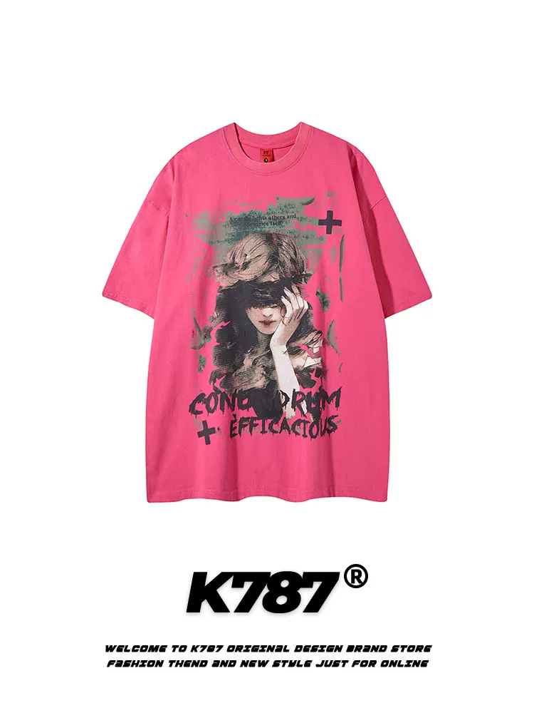 K787 Áo thun ngắn tay phong cách hip-hop cổ điển kiểu Mỹ đã qua xử lý làm cũ dành cho nam và nữ, áo thun cặp đôi ngoại cỡ