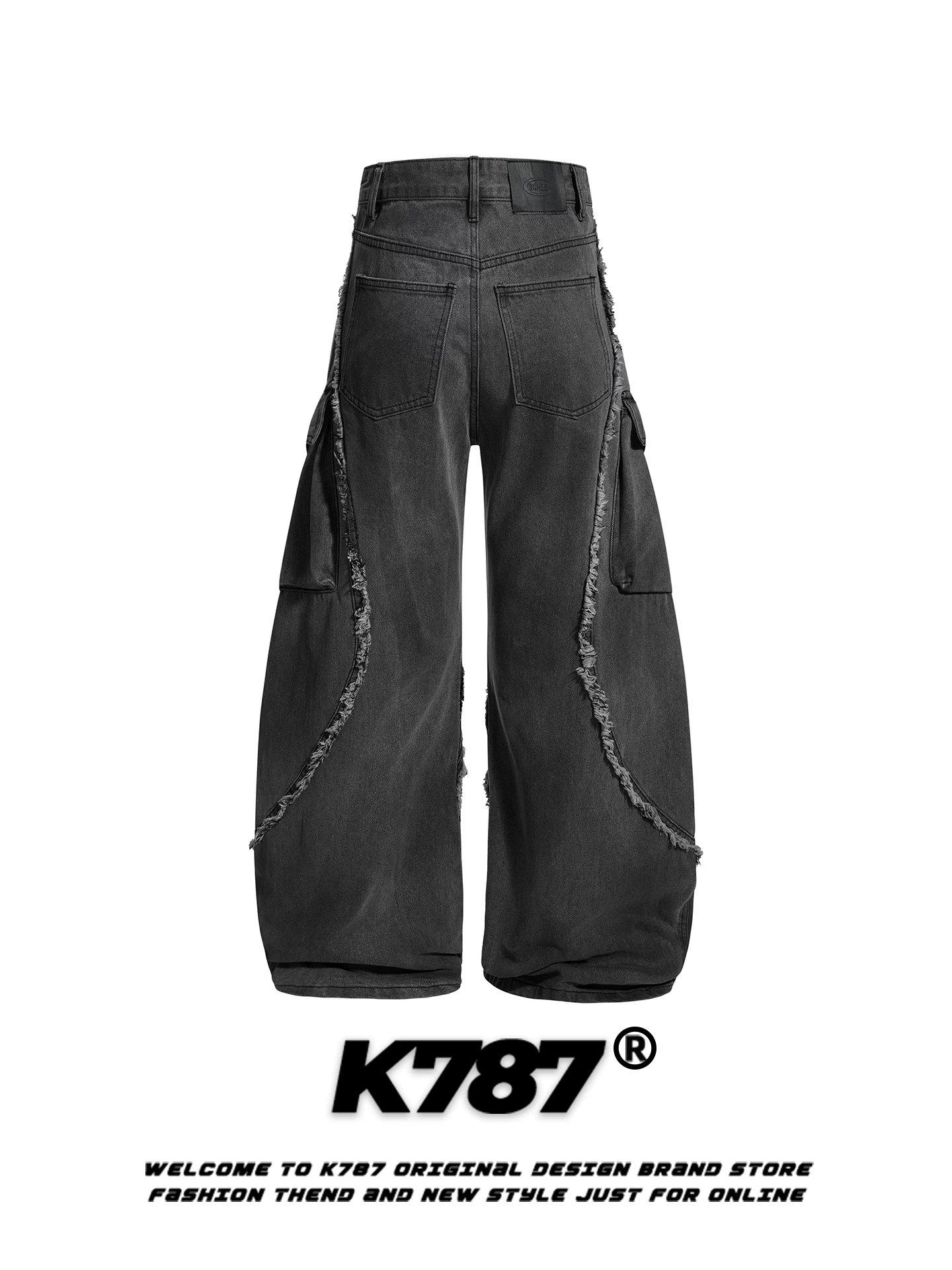Quần jeans K787 kiểu Mỹ cổ điển, rách tua rua, dáng rộng unisex, xu hướng quốc dân, thiết kế phá cách, nhiều túi, ống rộng