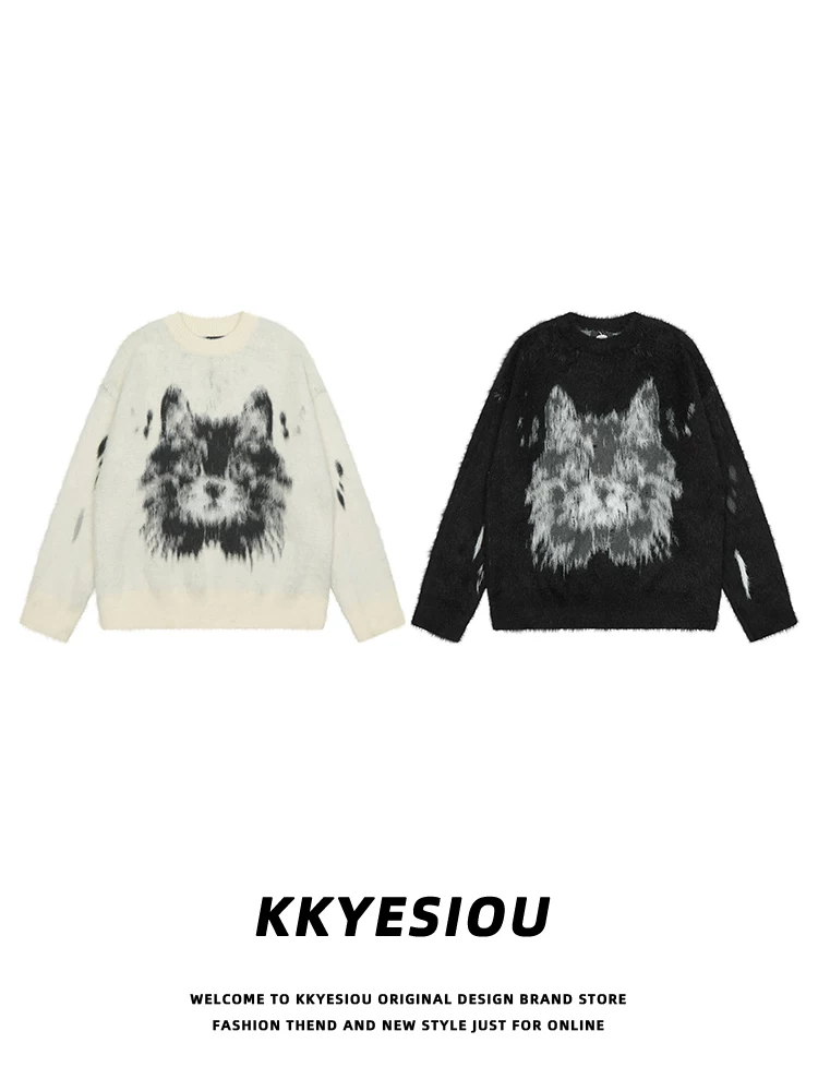 Áo len cặp đôi thiết kế jacquard mèo thời thượng thương hiệu KKyesiou, phong cách unisex, retro Mỹ, chất liệu dệt kim trung tính, cá tính.