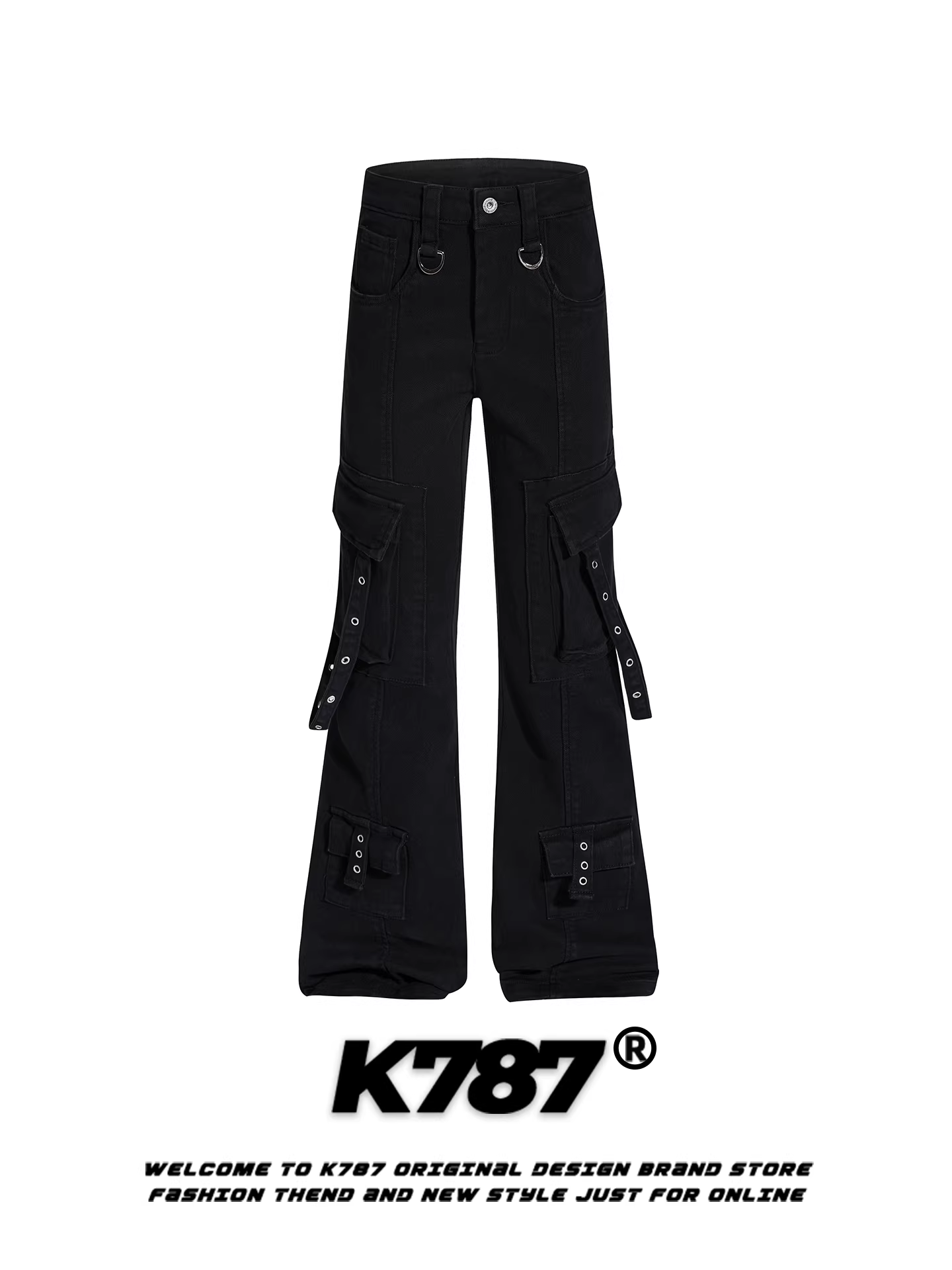 Quần jeans ống loe nhiều túi kiểu Mỹ cổ điển K787, unisex, rộng rãi, thời trang, cạp cao, phối nơ, màu đen, quần dài thường ngày