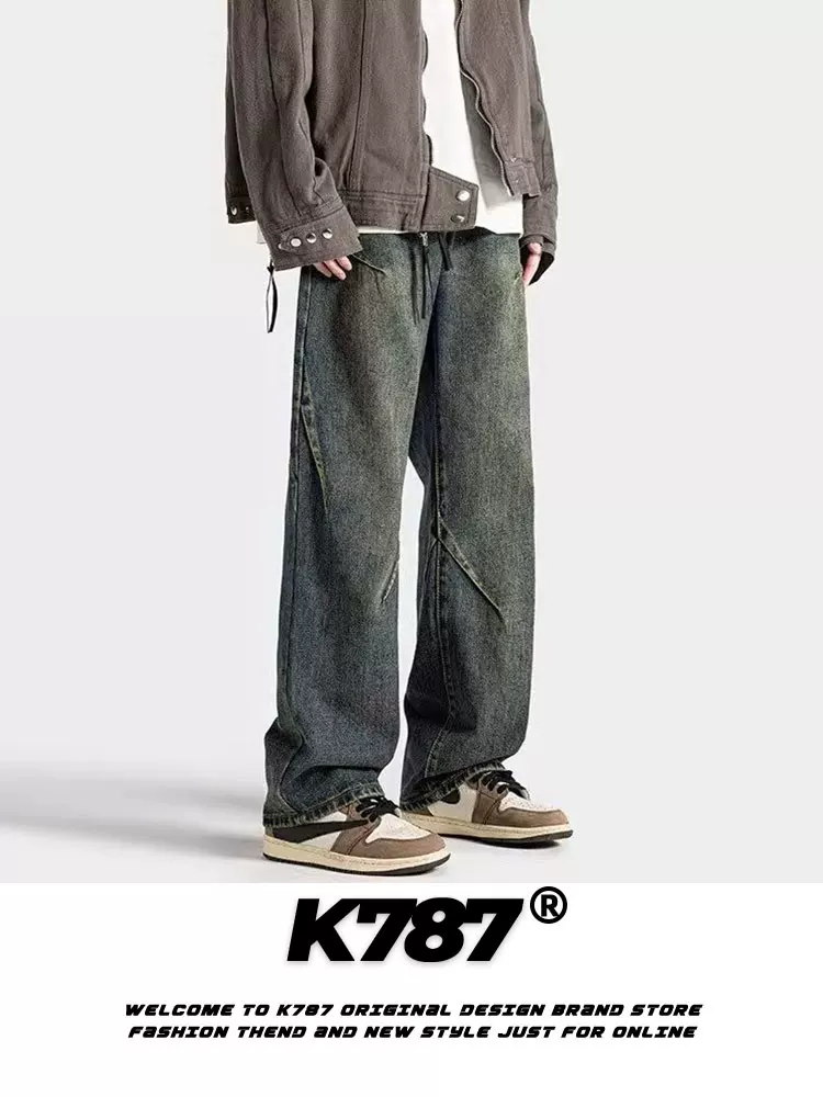 Quần jeans nam K787 kiểu Mỹ cổ điển, xước rách, phối vải, xếp ly, đa năng, cạp cao, dáng rộng, ống thẳng