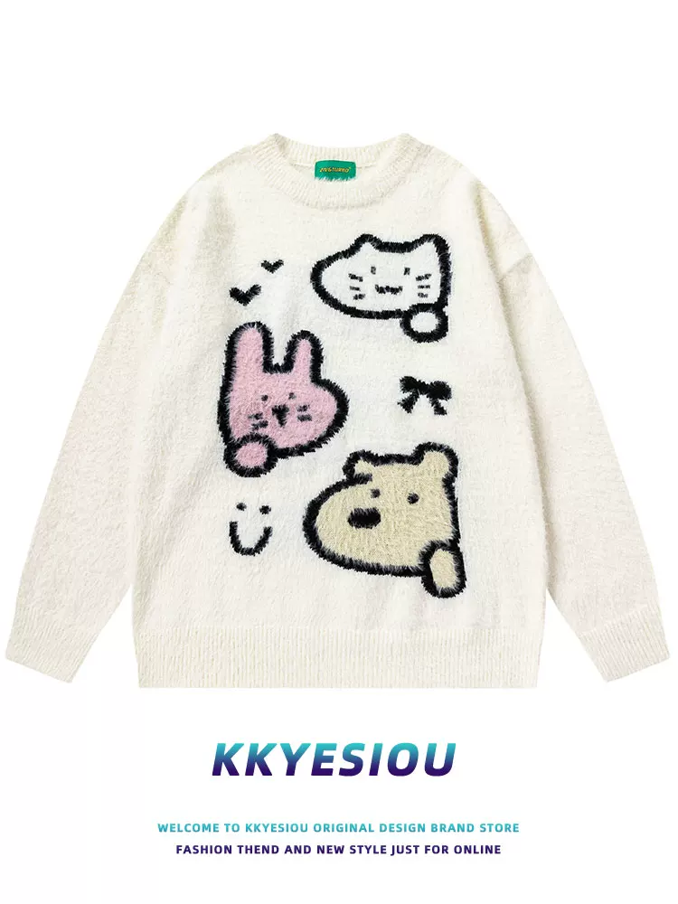 Áo len dệt kim màu hồng phong cách Nhật Bản KKyesiou, họa tiết mèo và chó hoạt hình, unisex, cổ điển, dành cho cặp đôi, phong cách thường ngày, áo len y2k