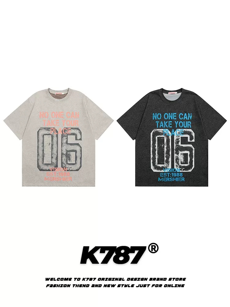 K787 Áo thun ngắn tay in chữ phong cách retro Mỹ dành cho nam và nữ, áo chui đầu, dáng rộng, đa năng, áo cặp thể thao.