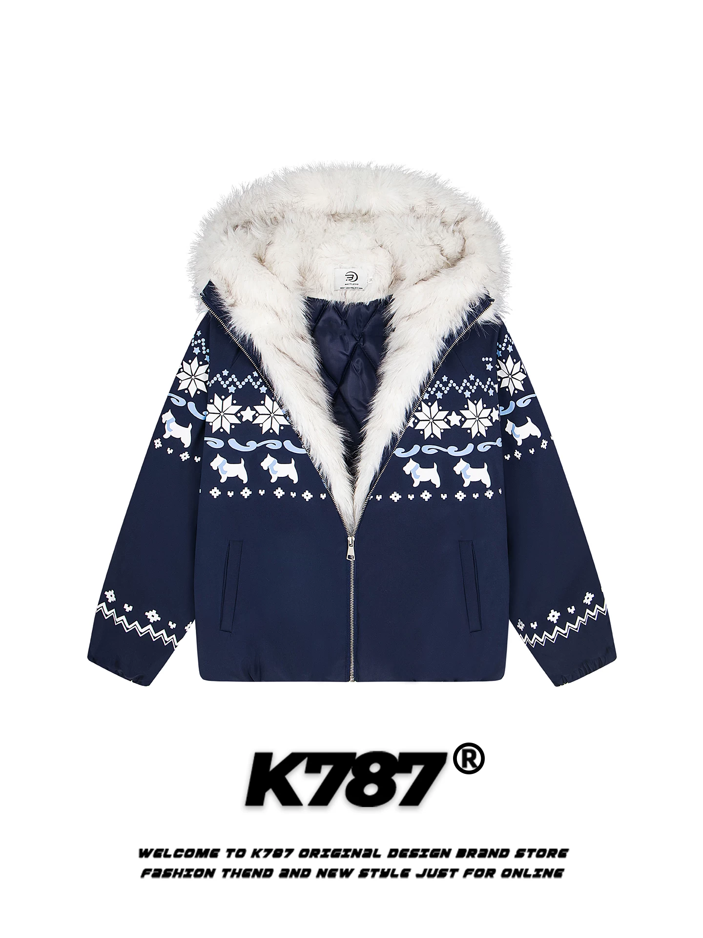 K787 Áo khoác cotton có mũ trùm đầu kiểu cổ điển Mỹ Fair Isle dành cho nam và nữ, dáng rộng, ấm áp và dày dặn, quần áo cotton mùa đông dành cho cặp đôi.