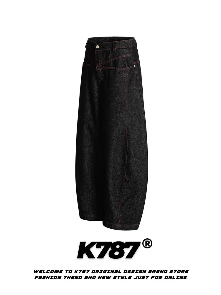Quần jeans unisex K787 kiểu Mỹ cổ điển phối màu hip-hop, dáng rộng, cạp cao, xu hướng thời trang