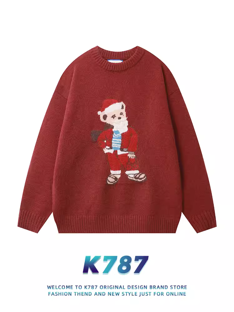 Áo len dệt kim hình gấu Giáng sinh phong cách retro Mỹ K787, unisex, áo len cặp đôi thêu đỏ, mặc ngày lễ