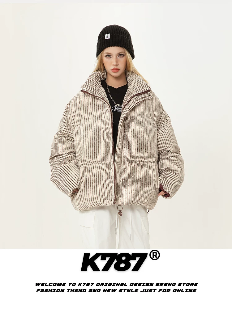 Áo khoác có cổ đứng sọc cổ điển kiểu Trung Quốc K787 dành cho nam và nữ, áo khoác cotton cặp đôi phong cách đại học ấm áp mùa đông.