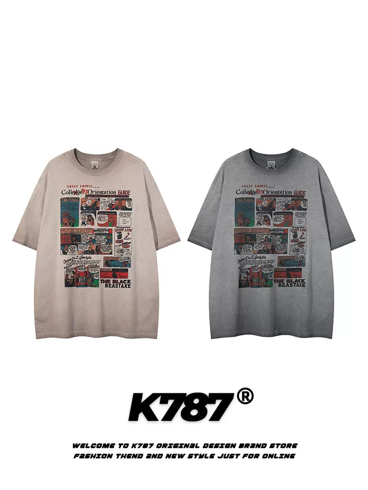 K787 Áo thun ngắn tay phong cách retro vui nhộn của Mỹ dành cho nam và nữ áo thun dáng rộng dáng rộng dành cho cặp đôi