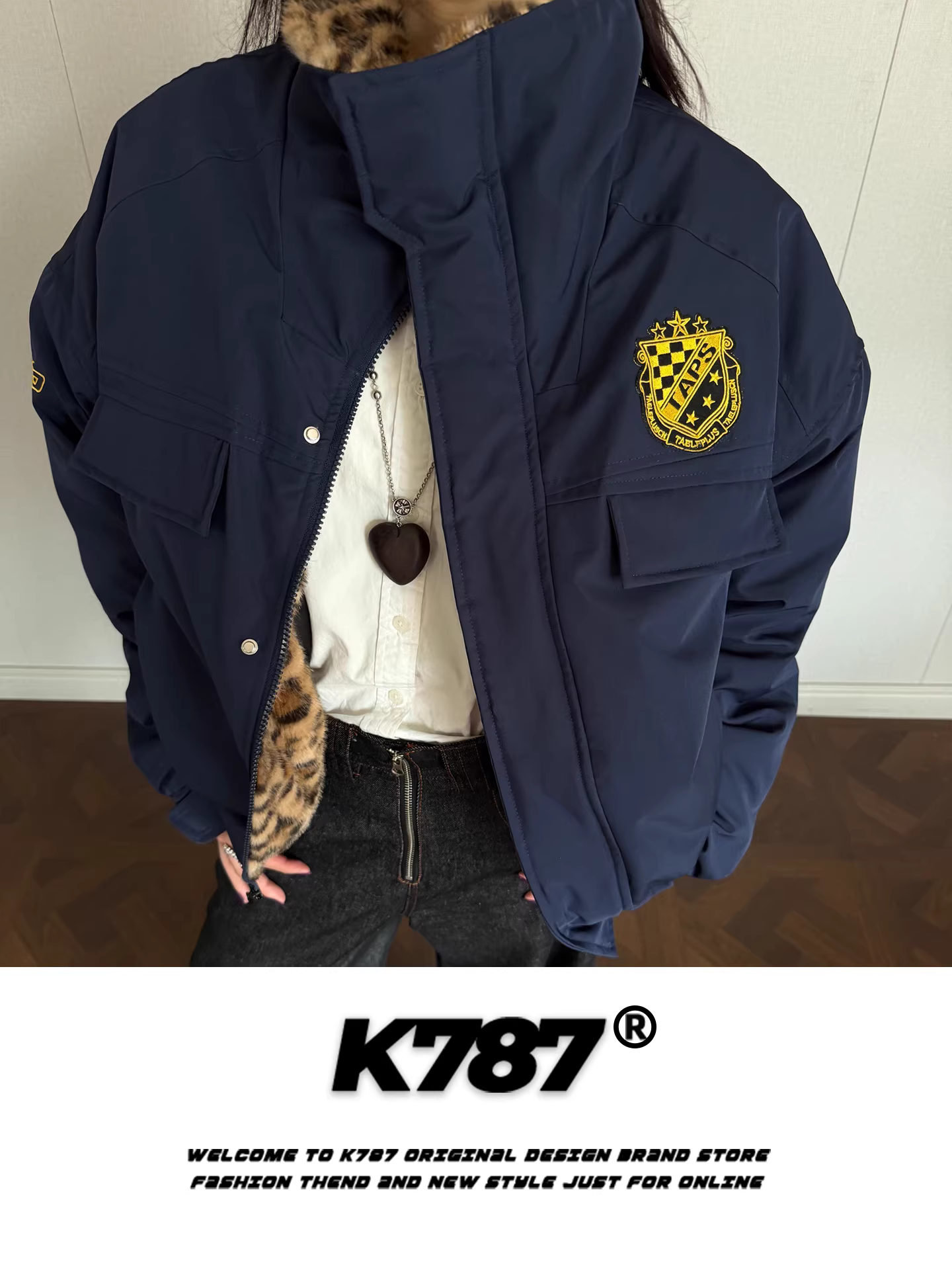 Áo khoác cotton kiểu dáng cổ điển Mỹ K787 in họa tiết da báo dành cho nam và nữ, áo khoác cotton dày dặn, ấm áp, có đệm.