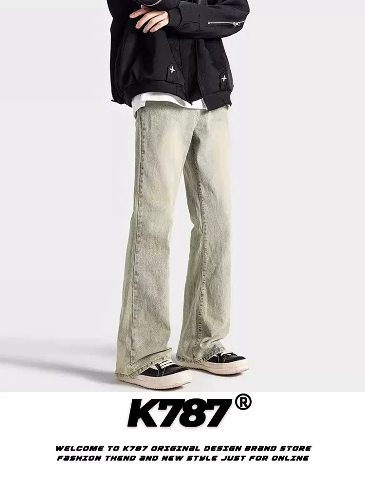 Quần jeans ống loe màu vàng kiểu Mỹ cổ điển K787 dành cho nam, quần ống đứng lưng cao, kiểu dáng đa năng, chất liệu xước, thích hợp đi làm