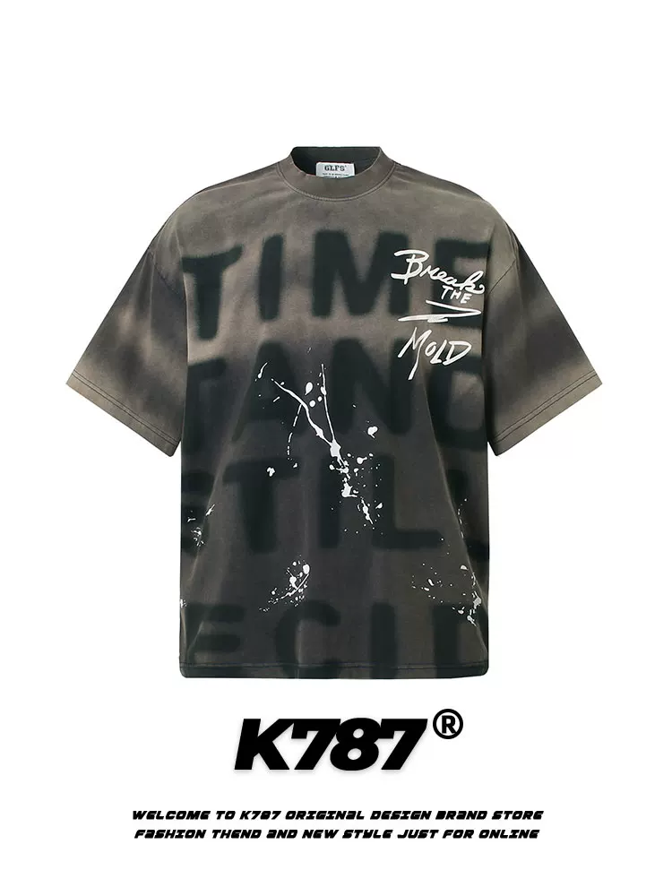 K787 Áo thun ngắn tay họa tiết graffiti phong cách retro Mỹ dành cho nam và nữ áo thun quá khổ áo thun hip-hop dành cho cặp đôi