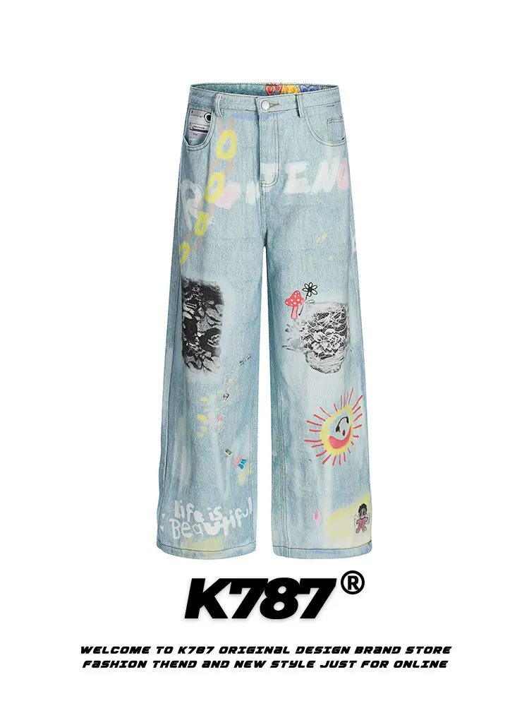 K787 Quần denim phong cách retro vui nhộn của Mỹ dành cho nam và nữ quần dáng rộng in hình trái tim dáng rộng quần thẳng