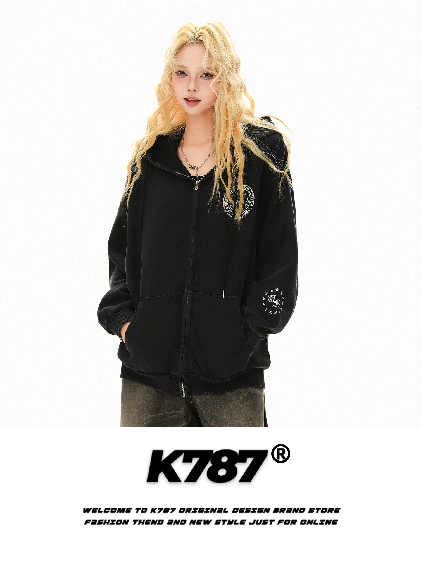 Áo hoodie phong cách đường phố Mỹ K787 in hình quốc kỳ ở phía sau, áo khoác có khóa kéo kiểu unisex, kiểu dáng thời trang dành cho cặp đôi