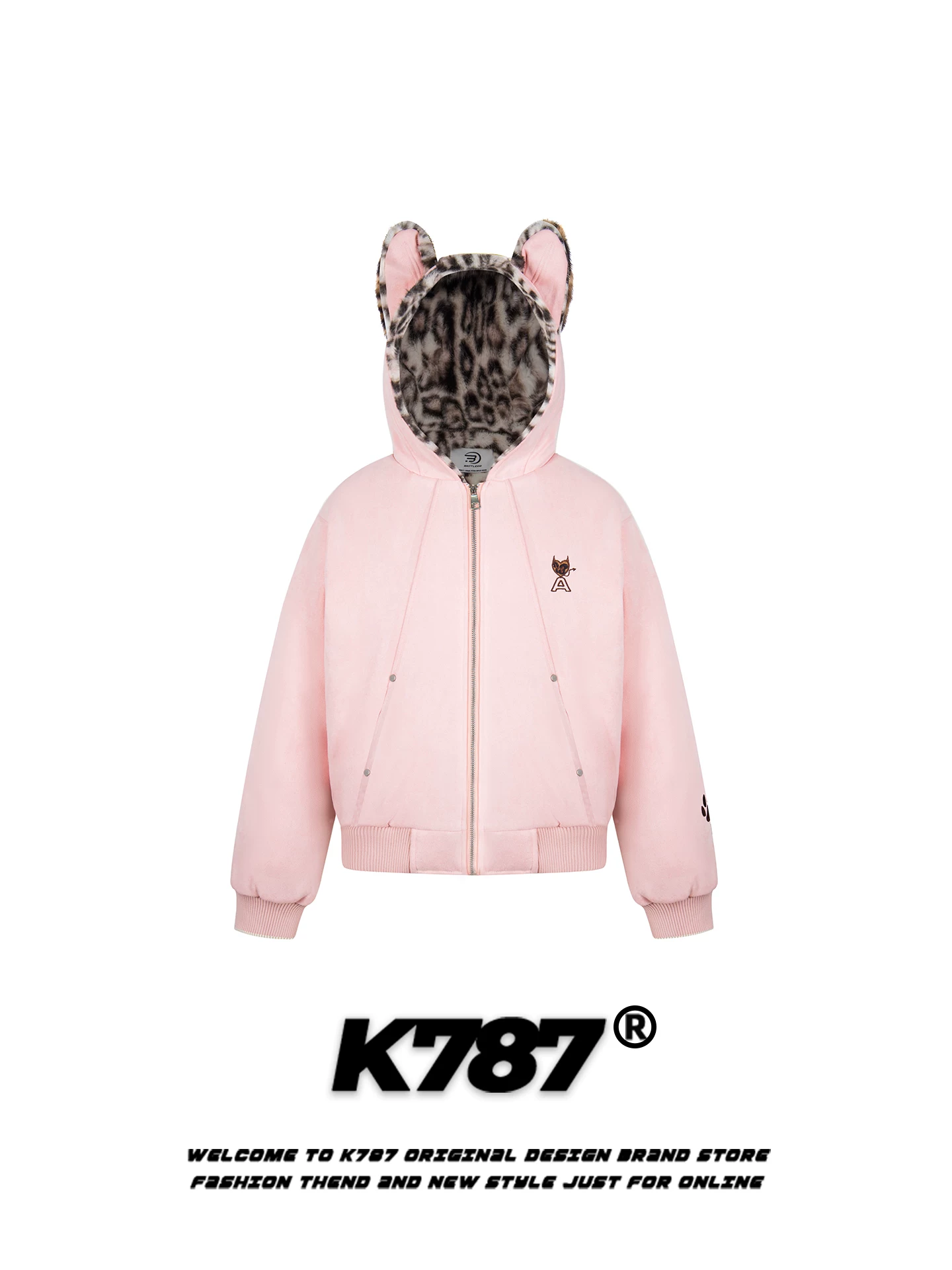 K787 Áo khoác cotton dày có mũ trùm đầu in hình da báo theo phong cách Mỹ dành cho nam và nữ, áo khoác cotton cặp đôi màu hồng rộng rãi và ấm áp
