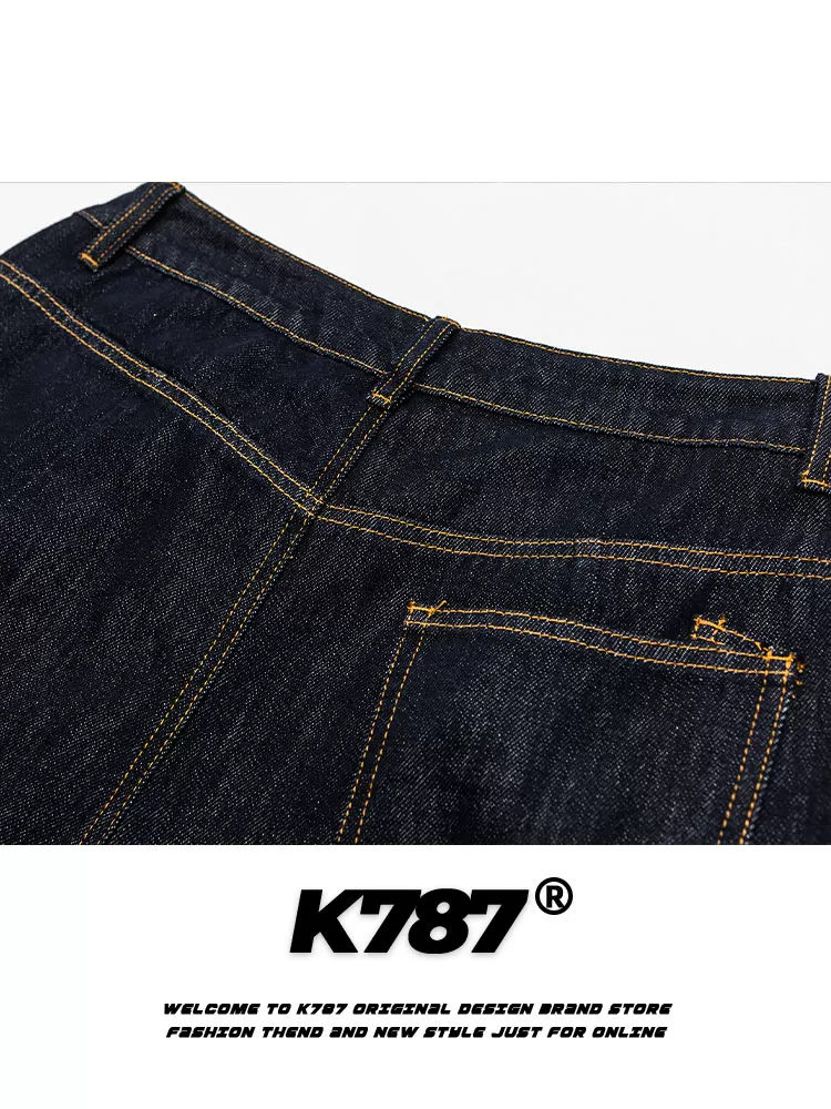 K787 Quần denim kiểu dáng cổ điển Mỹ, xu hướng quốc gia, cúc cài, unisex, xu hướng đường phố, dáng rộng, cạp cao, quần thẳng, phong cách thường ngày