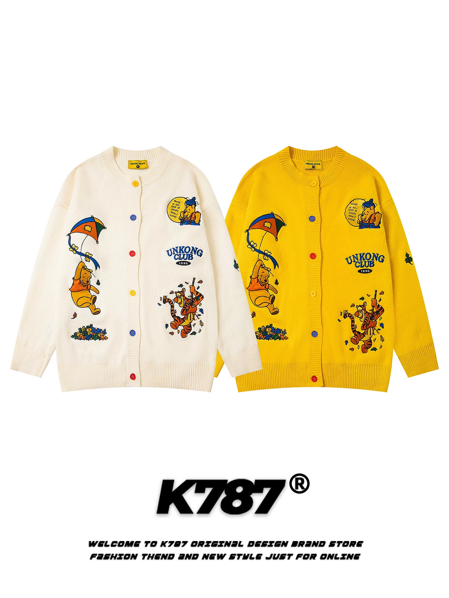 K787 Áo len cardigan thêu hình Winnie the Pooh phong cách Mỹ dành cho nam và nữ, áo khoác dệt kim kiểu dáng rộng rãi và lười biếng dành cho cặp đôi