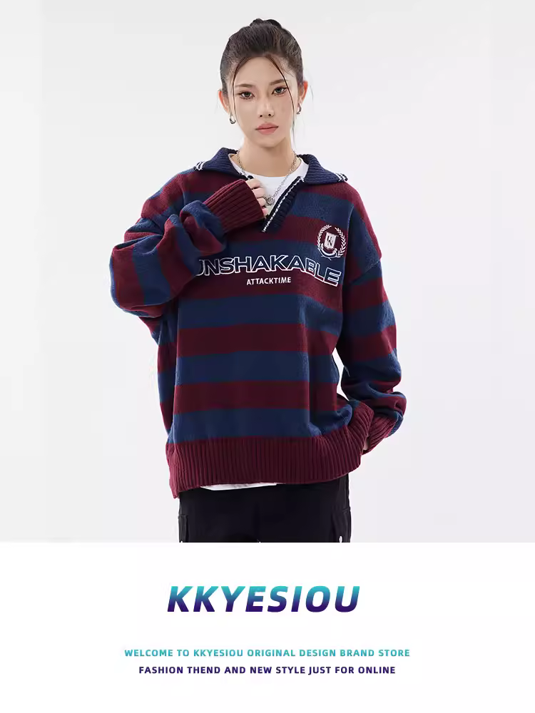 Áo len dệt kim cổ đứng kẻ sọc kiểu Mỹ cổ điển, dáng rộng, unisex, dành cho cặp đôi