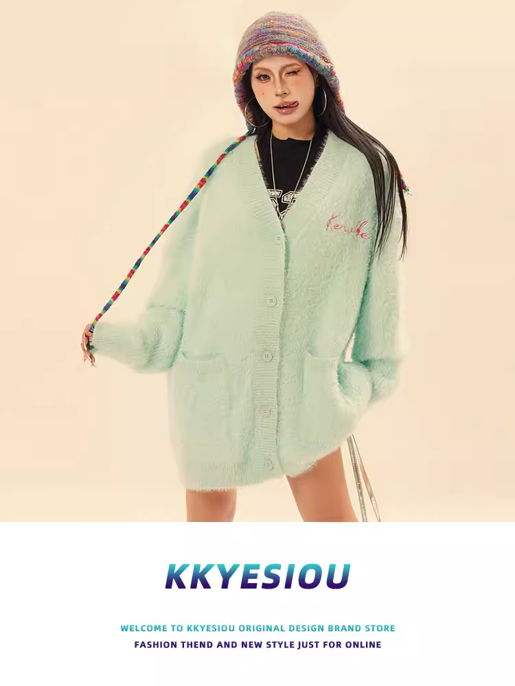 Áo cardigan dệt kim cổ chữ V phong cách đường phố Mỹ thêu lông mohair KKyesiou dành cho nam và nữ, áo khoác len cặp đôi phong cách lười biếng