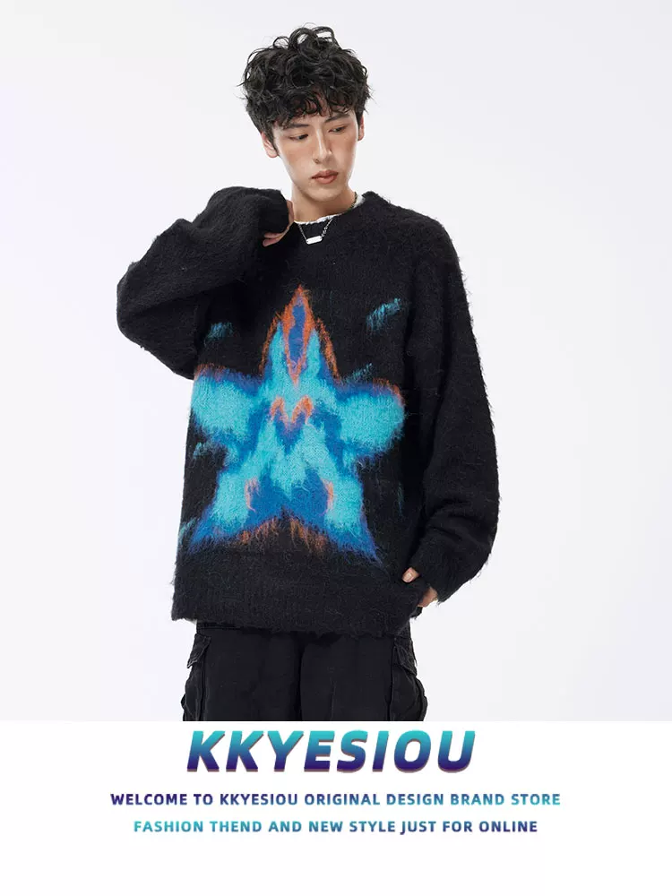 Áo len cặp đôi phong cách retro Mỹ, chất liệu jacquard, thương hiệu thời thượng, kiểu dáng unisex, phong cách lười biếng, kiểu dáng học sinh, chất liệu len dệt kim rộng rãi