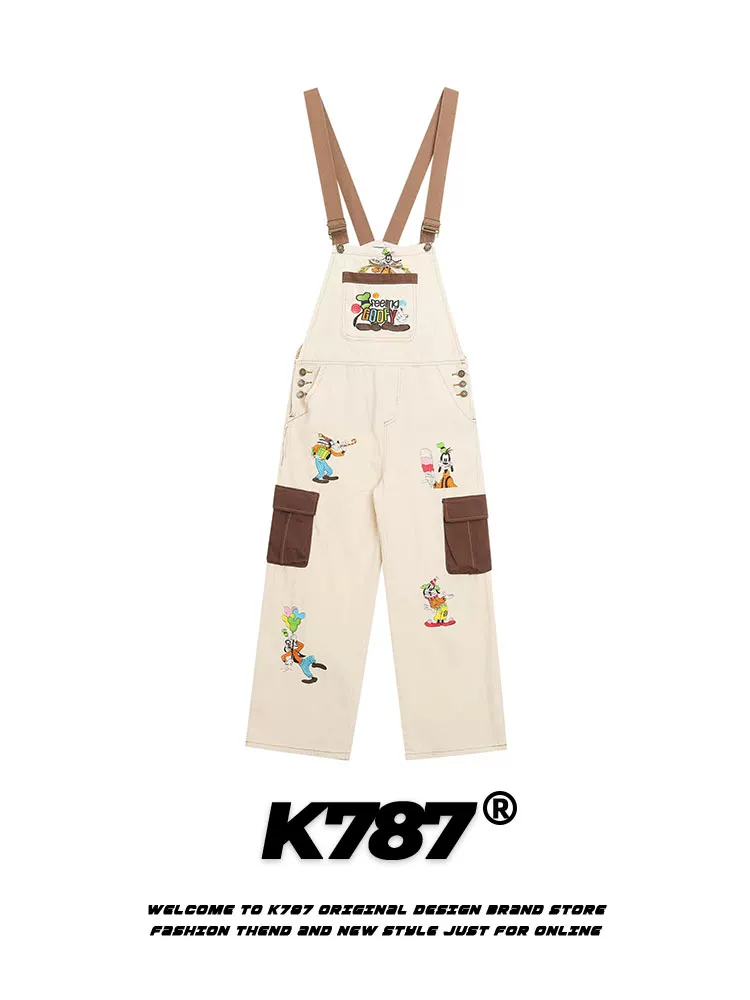 K787 Bộ áo liền quần vải canvas kiểu cổ điển của Mỹ có thêu hình chú chó unisex phong cách đại học quần yếm denim phối màu