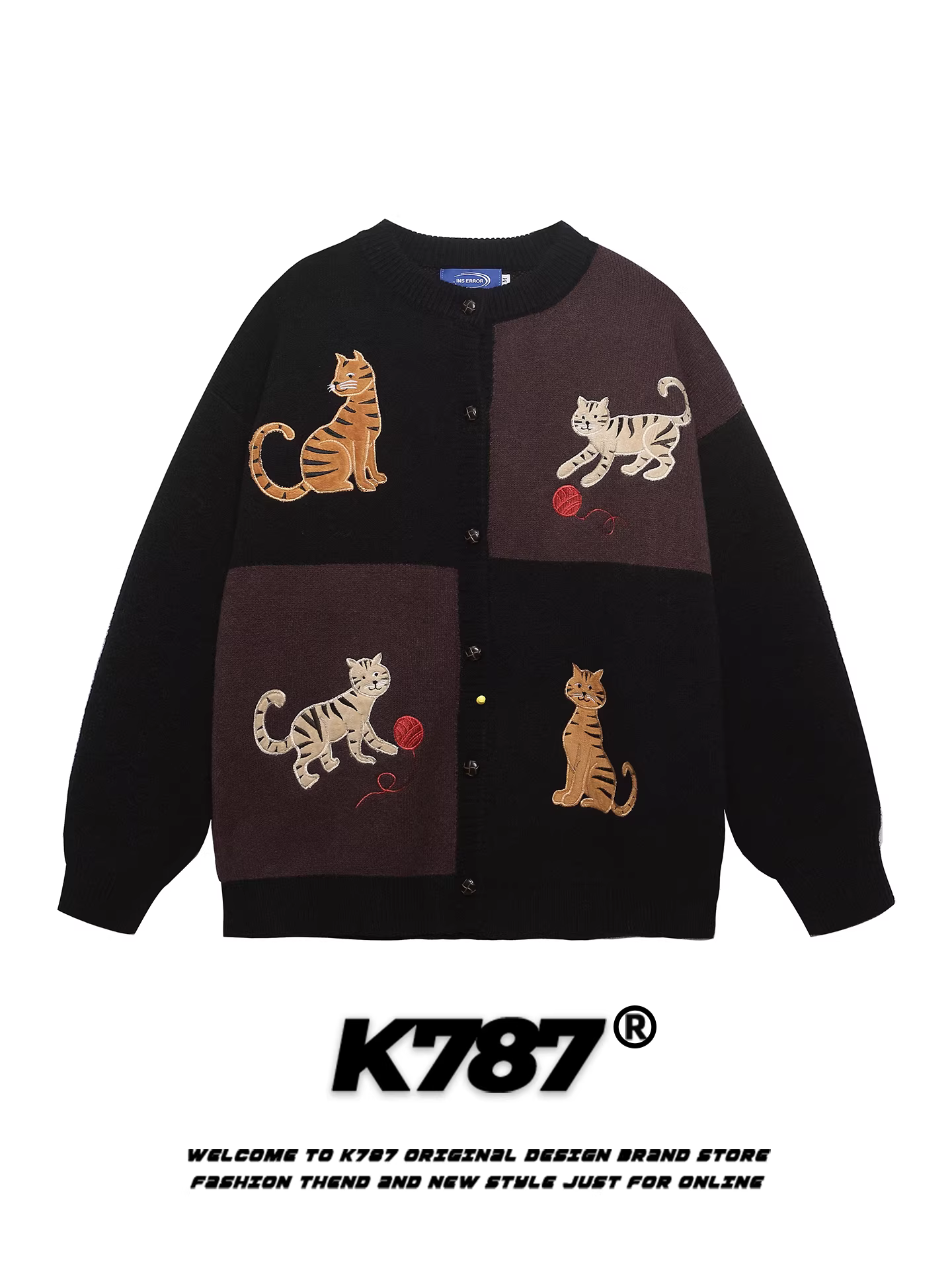 K787 Áo len cardigan thêu hình mèo cổ điển kiểu Mỹ unisex dáng rộng cổ điển cặp đôi dệt kim mùa thu