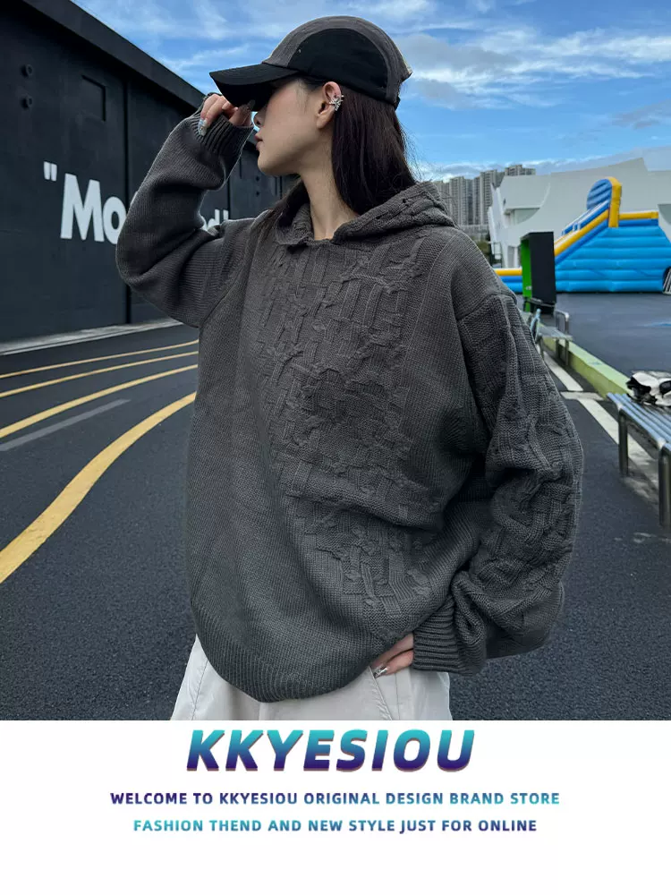 Áo len có mũ trùm đầu hình kim cương không đều kiểu dáng KKyesiou dành cho nam và nữ, áo len dệt kim đa năng phong cách giản dị.