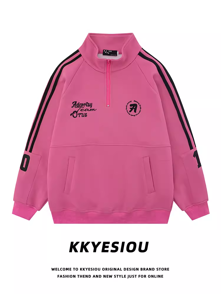 Áo nỉ cổ đứng ba sọc kiểu Mỹ màu hồng hồng KKyesiou dành cho nam và nữ, áo thể thao lót lông cừu mùa xuân dành cho cặp đôi