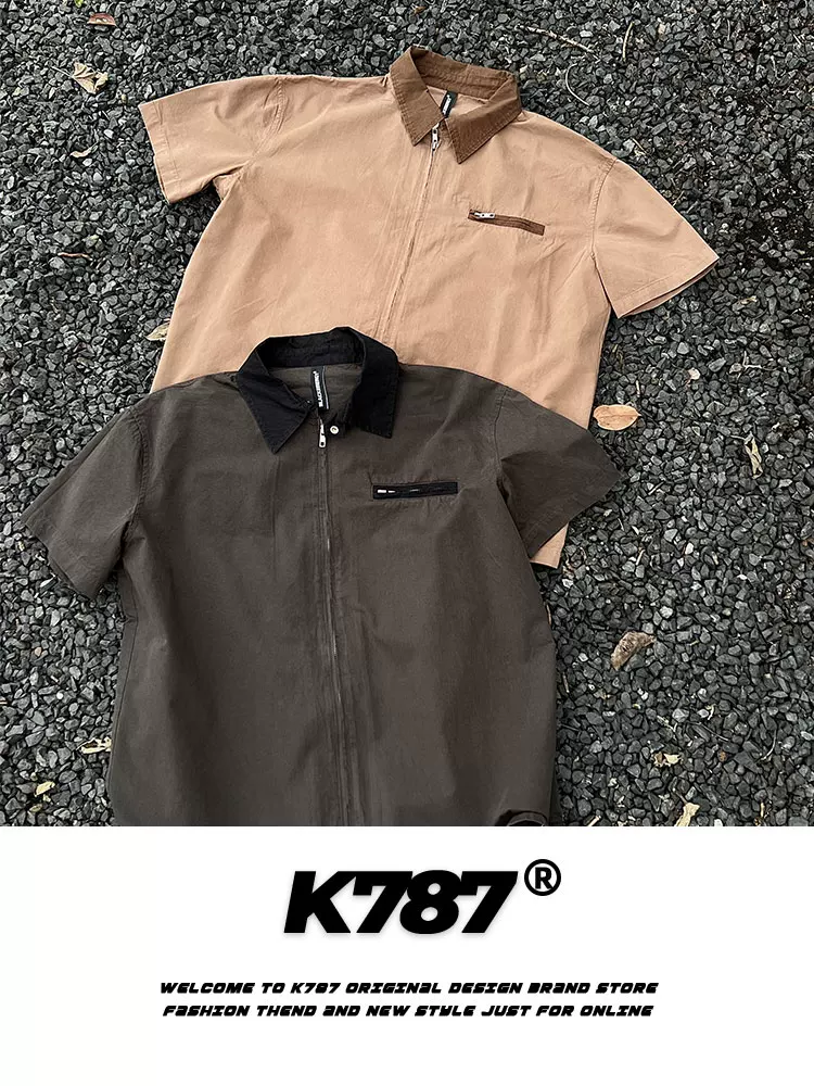 K787 Áo cardigan ngắn phong cách retro cleanfit kiểu Mỹ unisex màu trơn đa năng áo sơ mi ngắn tay mùa hè