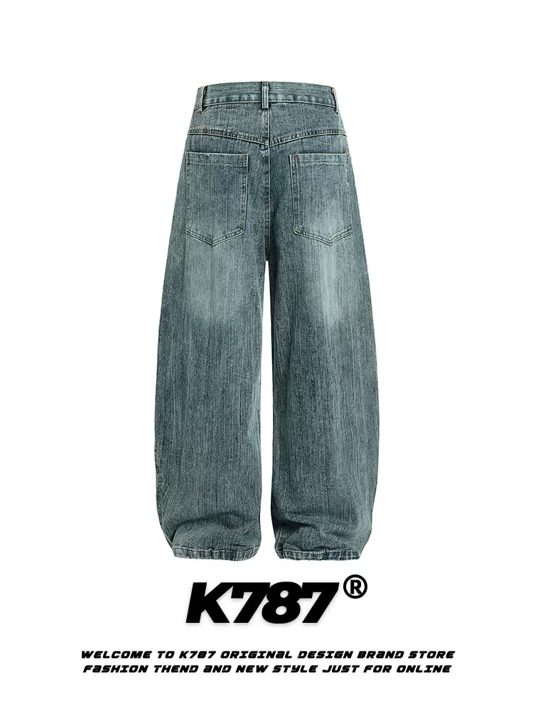Quần jeans denim thêu hoa kiểu Mỹ K787, chất liệu denim xước, dáng rộng ống đứng, dài, dành cho nam và nữ
