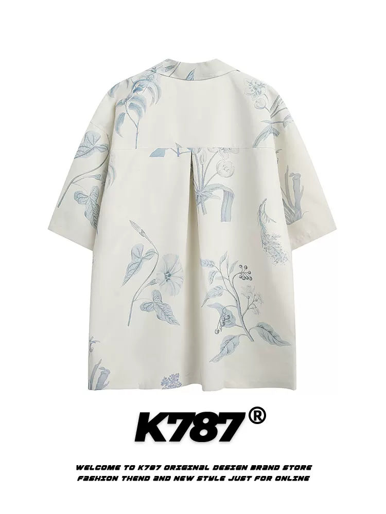 K787 Áo sơ mi cổ điển kiểu Mỹ cổ điển có cổ xu hướng quốc gia dành cho nam và nữ Áo sơ mi ngắn tay in hoa phong cách Trung Hoa áo cardigan đa năng nửa tay