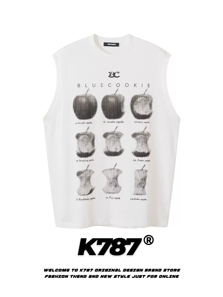 K787 Áo thun in hình quả táo theo phong cách retro Mỹ unisex thể thao đa năng áo lót oversize áo ba lỗ