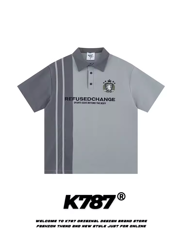 Áo sơ mi POLO phối sọc phong cách đường phố cổ điển Mỹ K787 dành cho nam và nữ, dáng rộng, cổ bẻ, áo thun ngắn tay phong cách đường phố.