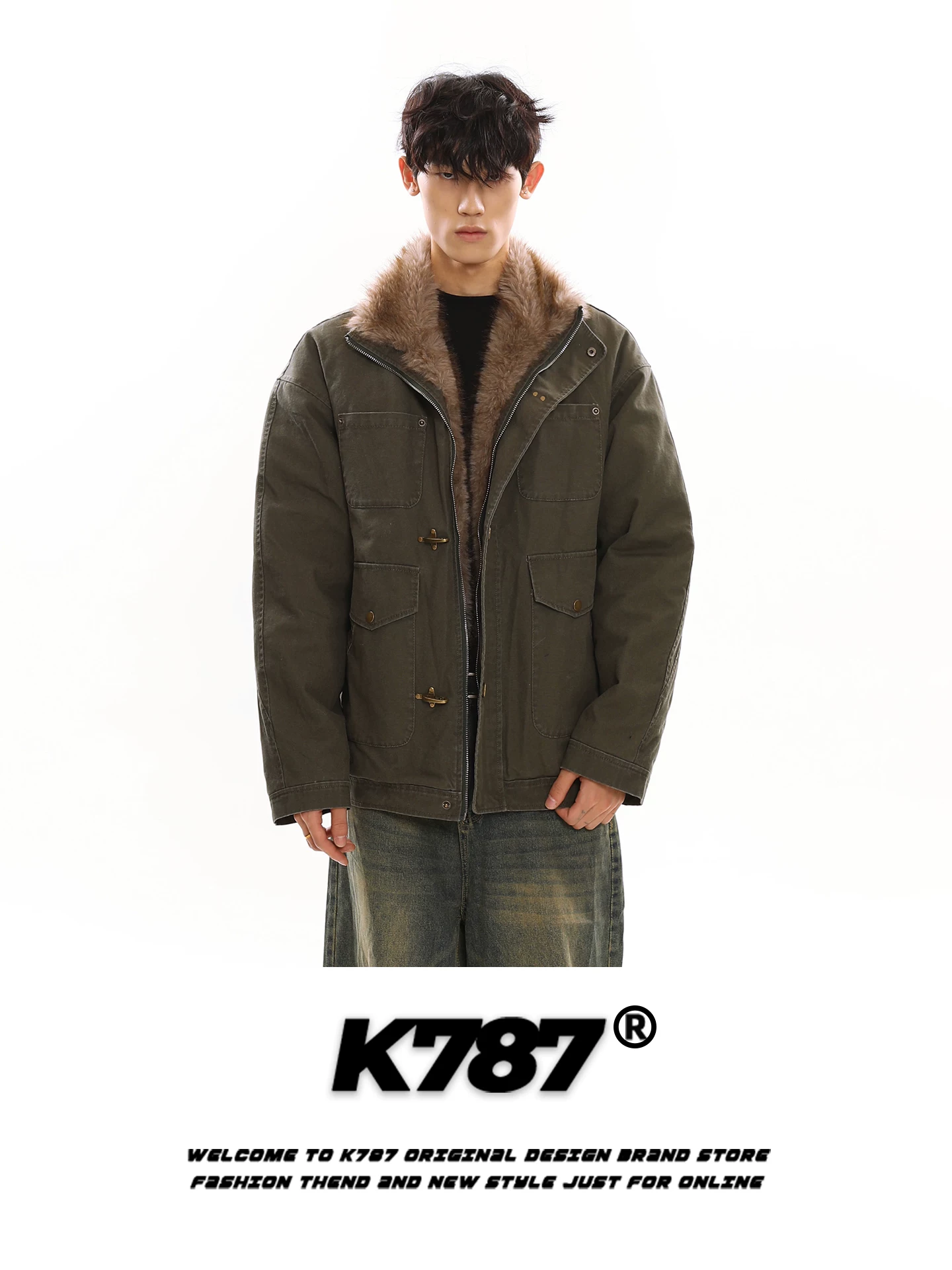 Áo khoác cotton có mũ trùm đầu phong cách retro Mỹ K787 dành cho nam và nữ với nhiều túi, áo khoác cotton dày và ấm áp.