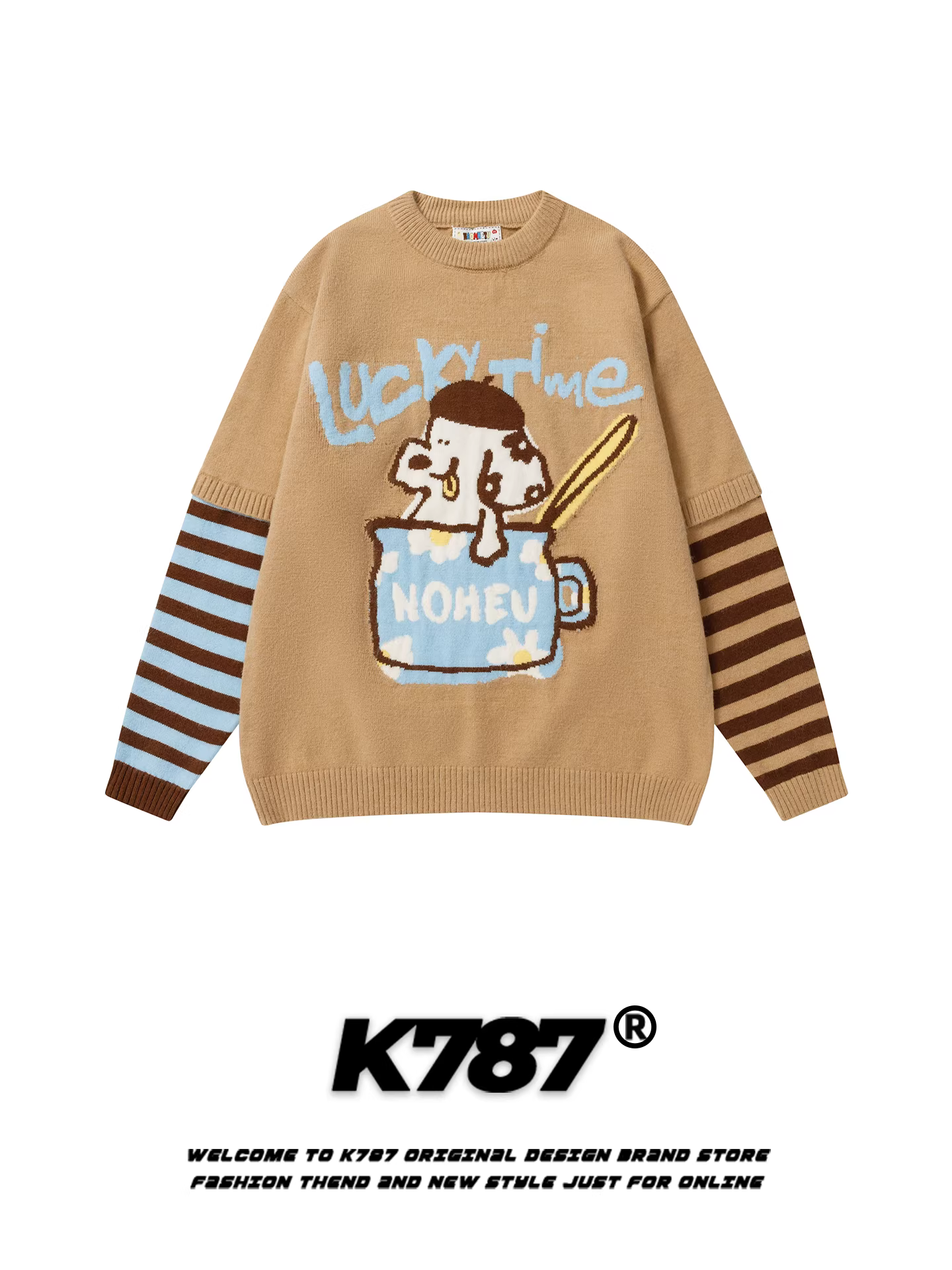 K787 Áo len dệt kim kiểu Mỹ cổ điển hình chú chó hoạt hình, dáng rộng, sọc, ấm áp, giả hai mảnh, dành cho cặp đôi