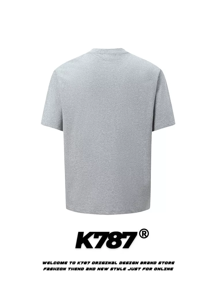 K787 Áo thun ngắn tay cổ Henry cổ điển kiểu Mỹ Fair Isle dành cho nam và nữ cleanfit dáng rộng giản dị nửa tay áo