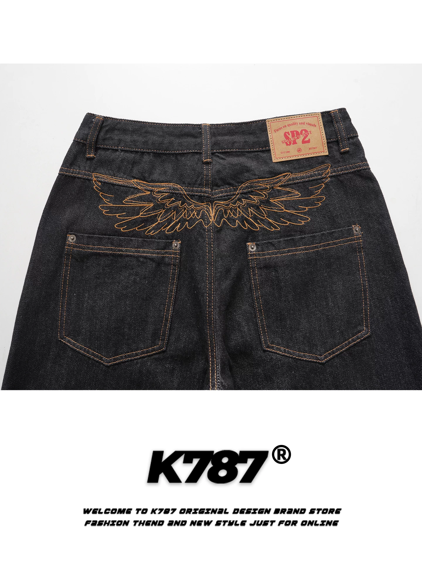 K787 Quần jean màu nguyên bản thêu theo phong cách retro của Mỹ dành cho nam và nữ quần ống đứng dáng rộng đa năng phong cách cổ điển