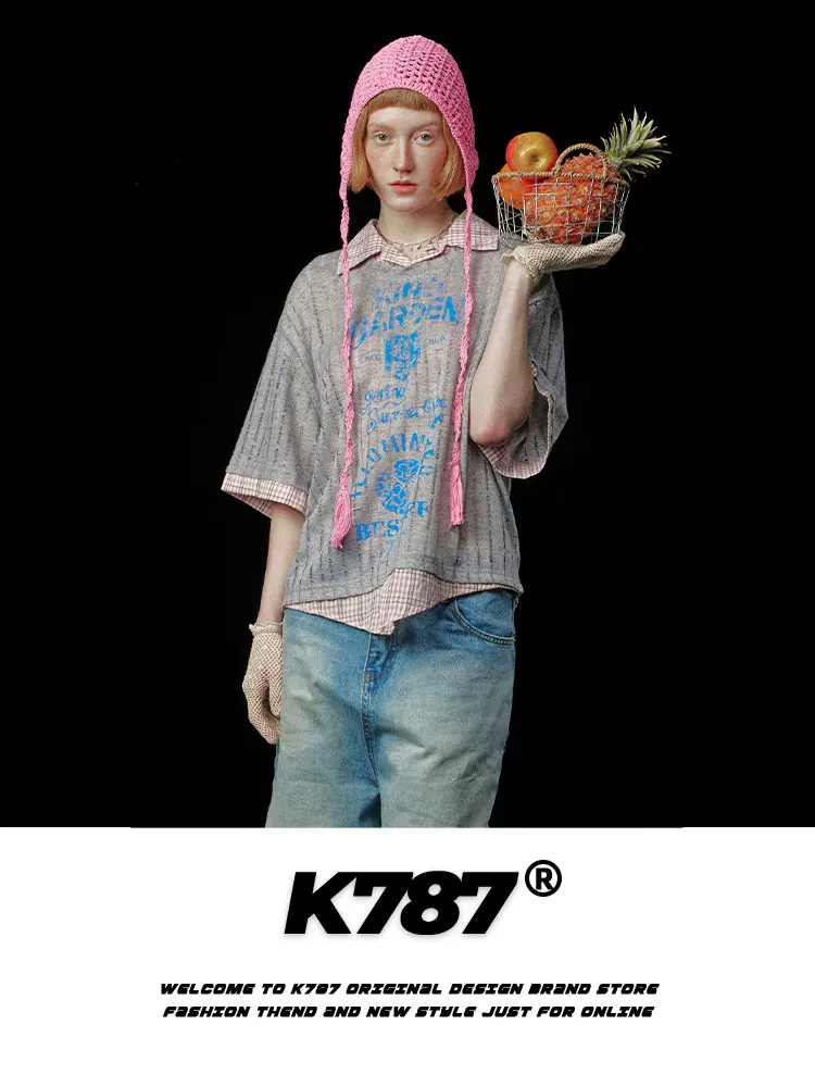 K787 Áo sơ mi POLO giả hai mảnh kiểu cổ điển kiểu Mỹ dành cho nam và nữ, áo thun ngắn tay in họa tiết phong cách đại học