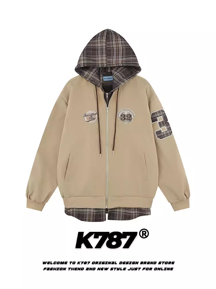 Áo khoác có mũ trùm đầu giả hai mảnh kiểu Mỹ cổ điển K787 dành cho nam và nữ, áo khoác cặp đôi cổ điển phong cách preppy