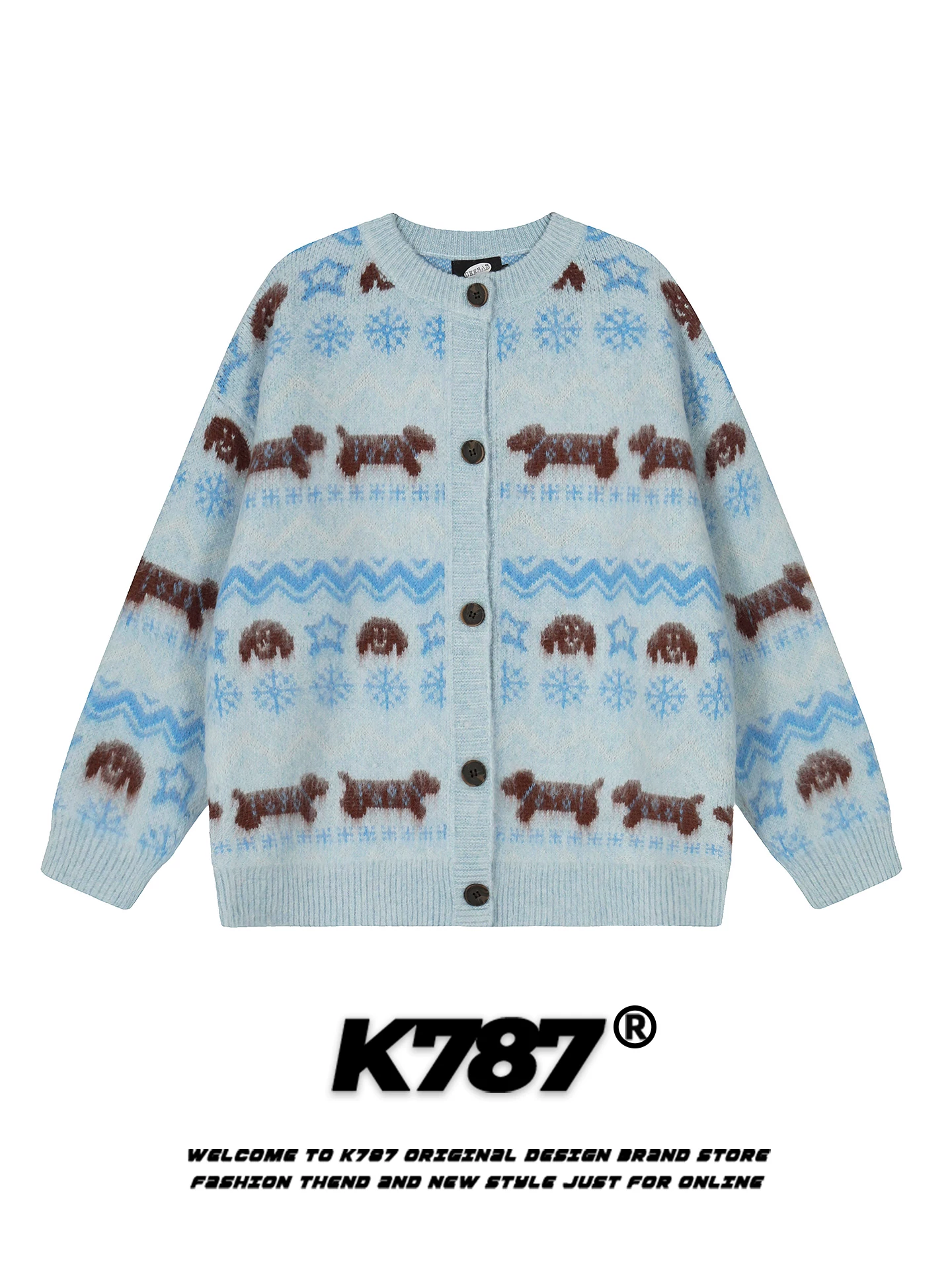 Áo len cardigan kiểu đường phố Mỹ K787 họa tiết Fair Isle vui nhộn dành cho nam và nữ, phong cách lười biếng, dáng rộng, chất liệu len giảm tuổi tác cho mùa đông.