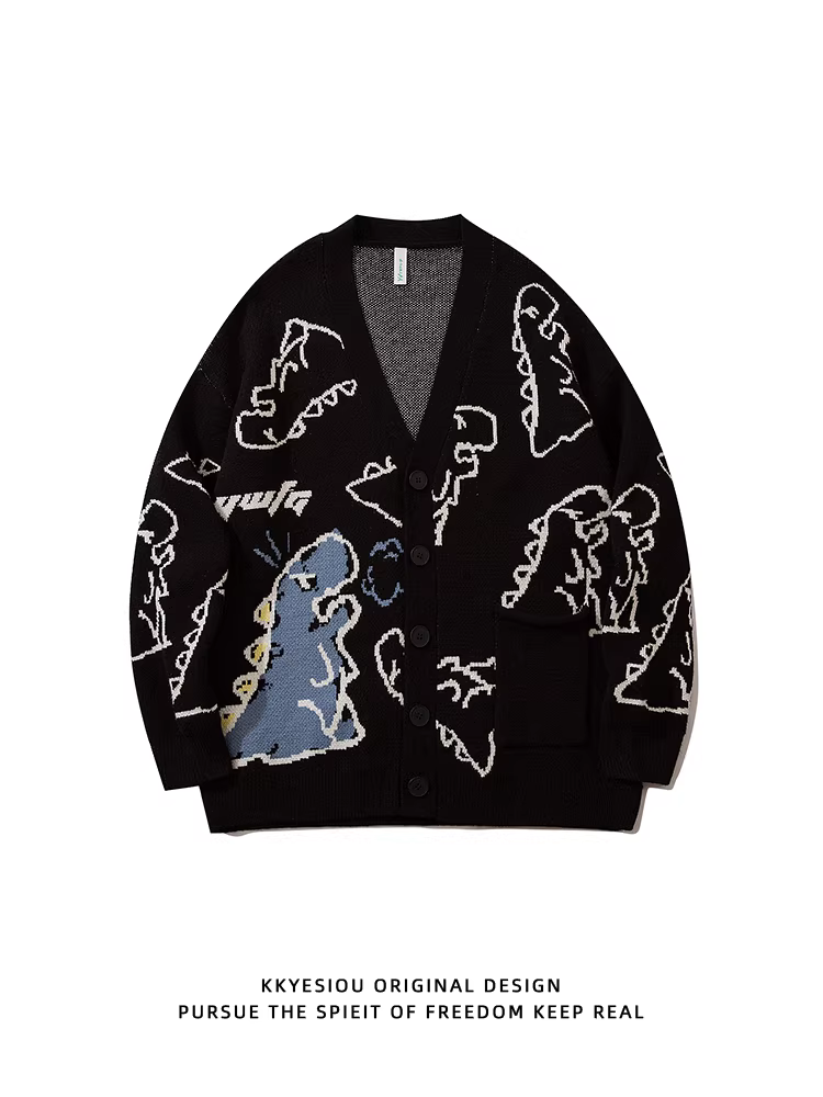 Áo len cardigan khủng long hoạt hình dễ thương kiểu Nhật KKyesiou, unisex, cổ điển, dành cho cặp đôi