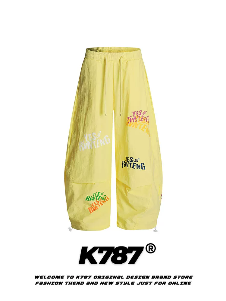 Quần dù ống rộng phong cách graffiti retro Mỹ K787 dành cho nam và nữ, cạp cao, phong cách hip-hop, nhảy đường phố, dáng rộng, thoải mái, kiểu quần scimitar