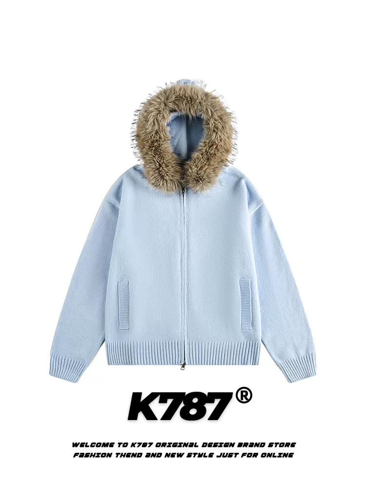 Áo khoác cardigan len dệt kim dáng rộng, có mũ trùm đầu, cổ lông tháo rời, kiểu dáng cổ điển Mỹ, unisex, màu trơn, mã K787