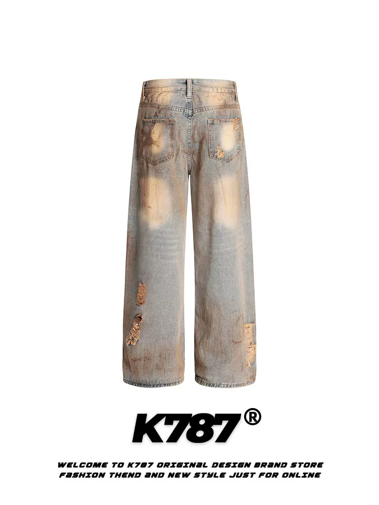Quần jeans K787 kiểu Mỹ cổ điển, xước rách, unisex, phong cách hip-hop, dáng rộng, ống thẳng, mặc thường ngày