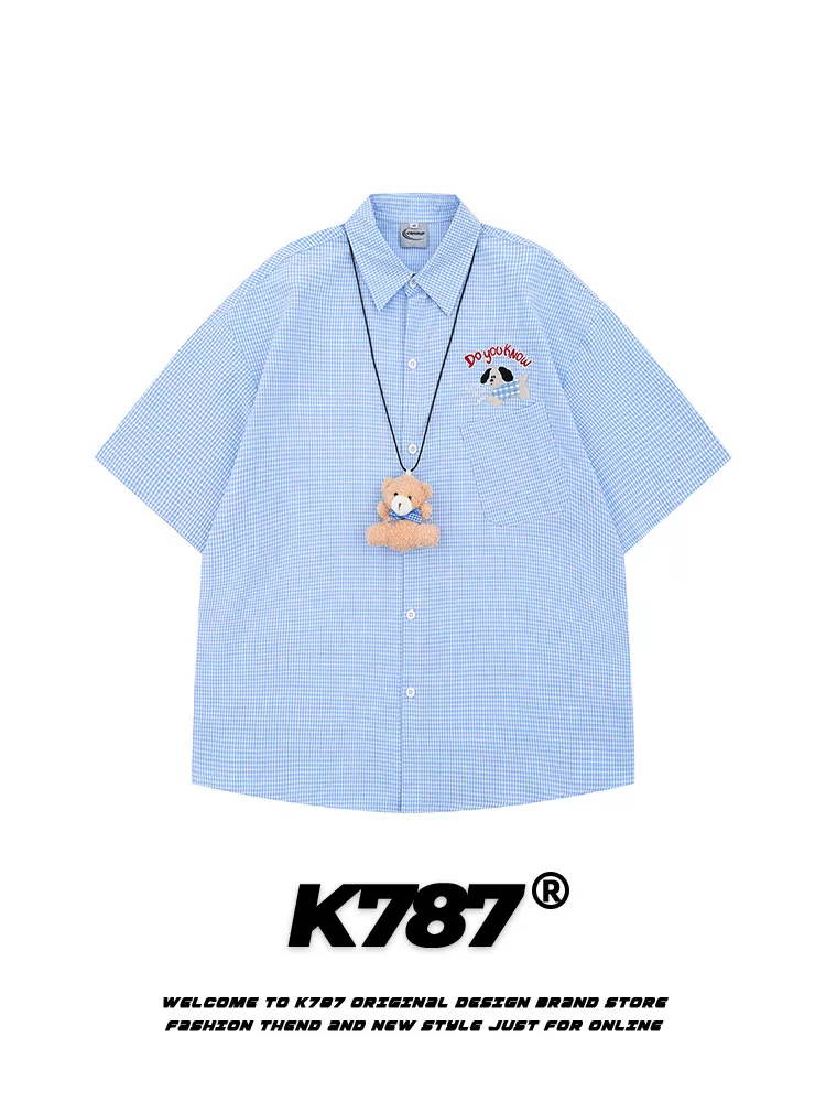 K787 Áo sơ mi ngắn tay phong cách retro Mỹ phong cách đại học có mặt dây chuyền hình gấu unisex kẻ sọc đa năng dáng rộng nửa tay áo cardigan mùa hè