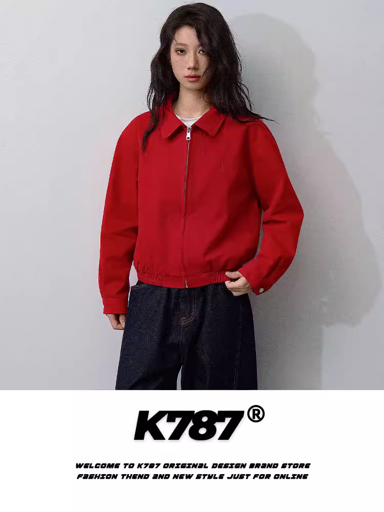 Áo khoác ngắn cổ điển kiểu Mỹ K787, unisex, thời trang, dáng rộng, màu đỏ, dành cho cặp đôi, kiểu áo khoác biker