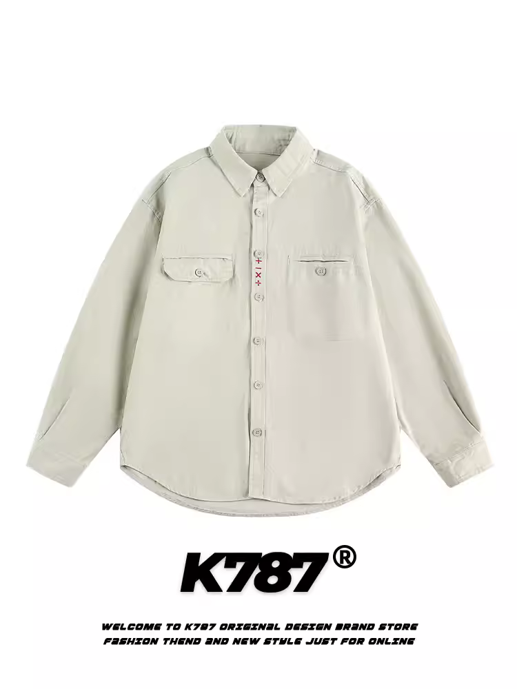 K787 Áo sơ mi công sở dài tay thêu đơn giản theo phong cách retro của Mỹ unisex cleanfit áo sơ mi dáng rộng giản dị áo khoác