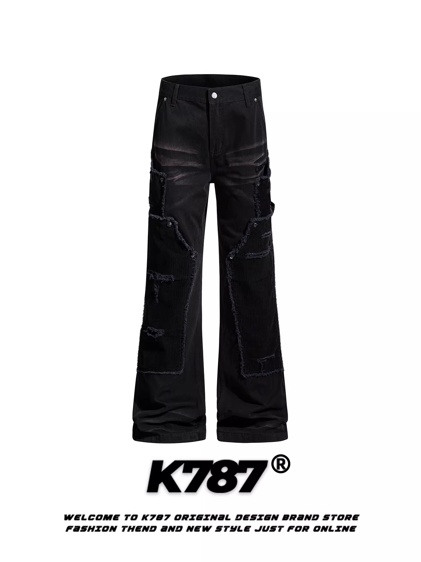 Quần jeans thiết kế patchwork kiểu Mỹ cổ điển K787 dành cho nam và nữ, quần dài dáng rộng cạp cao tôn dáng phong cách Y2K