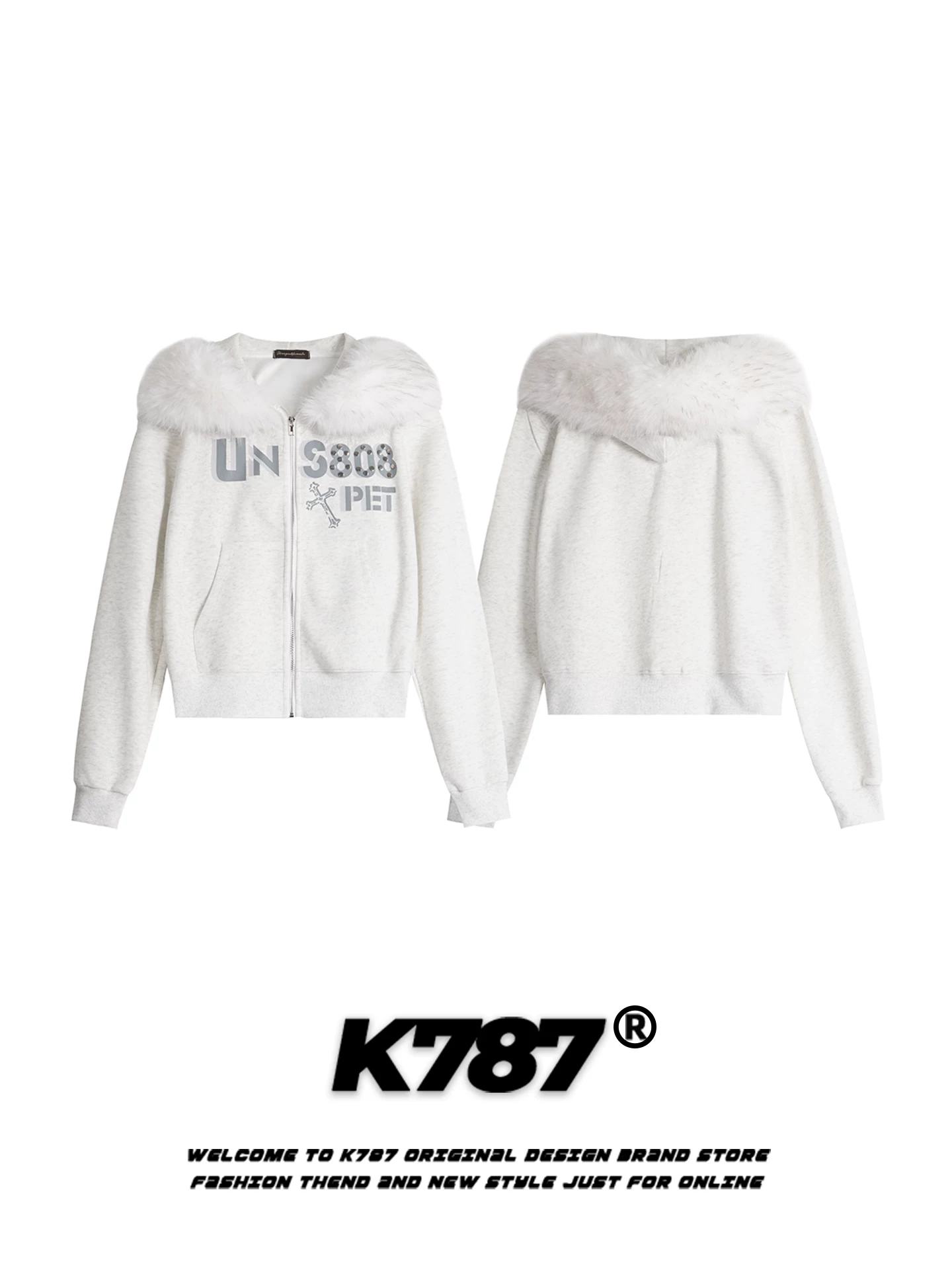 K787 Áo nỉ có mũ trùm đầu in chữ phong cách giản dị kiểu Mỹ dành cho nữ, phong cách hot girl, lót lông cừu, ấm áp, áo khoác ngắn giảm tuổi tác.