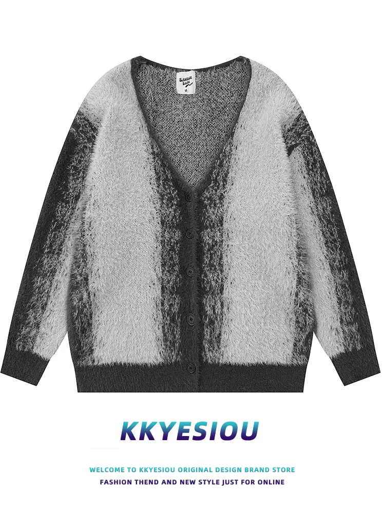 Áo len dáng rộng cổ V phong cách retro Mỹ, chất liệu lông cá ngựa, kiểu dáng thoải mái, unisex, thiết kế thời trang.